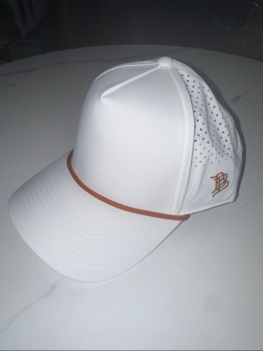 Blank branded bills SnapBack in white with tangerine colored rope